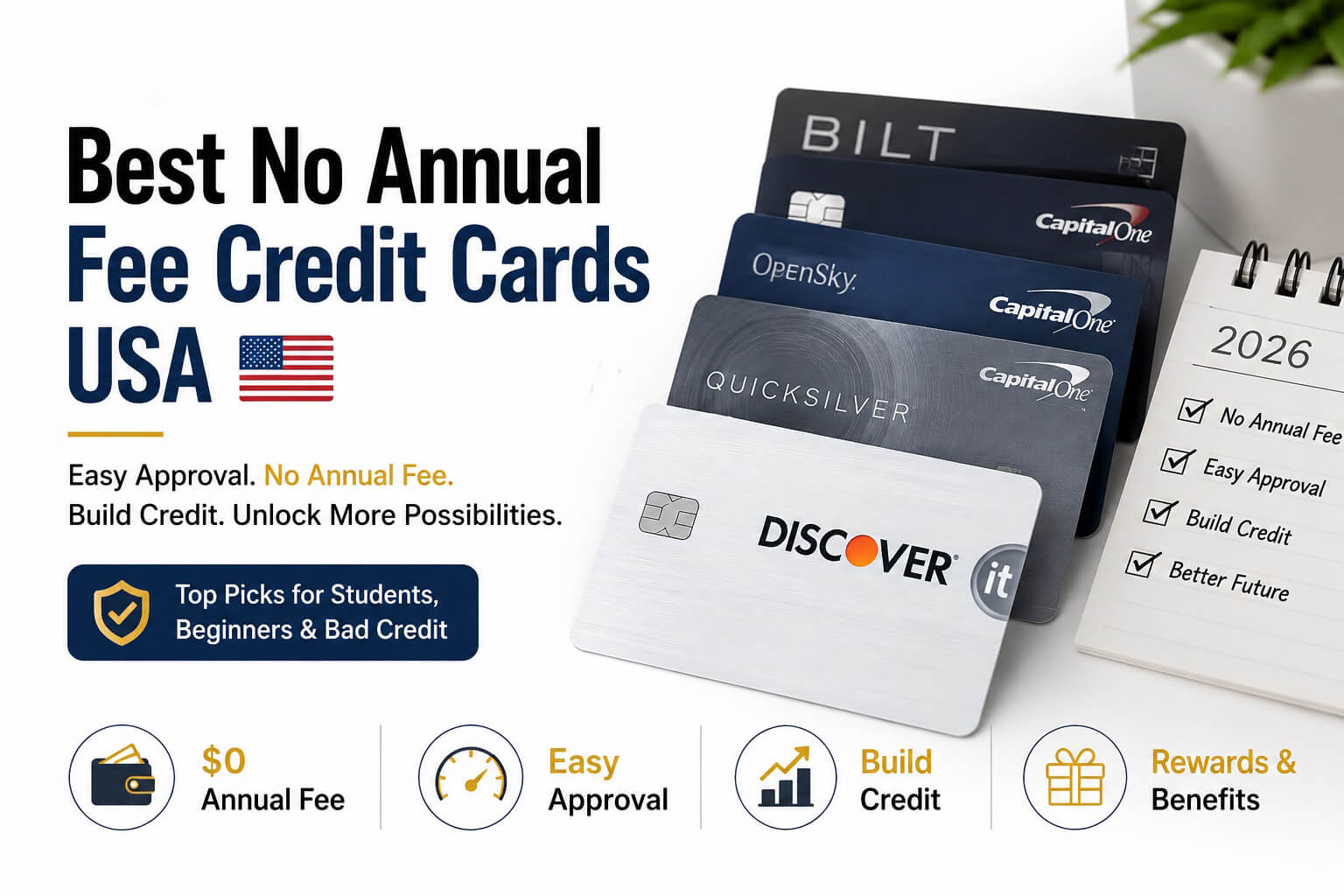 Best No Annual Fee Credit Cards for Easy Approval USA 2026